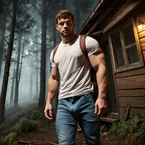 A muscular man stands in front of an abandoned cabin in a dark forest at night; man walking towards the cabin, with the head turned towards the viewer, looking over the shoulder at the spectator, the man wears a white t-shirt and jeans, bulge, strong arms,...