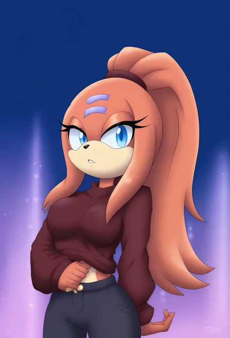 (1girl), (solo), Female Echidna, red colored fur, long ponytail, large hair bangs, blue eyes, medium bust, (casual clothing), eyelashes, mobian, mobius city, bedroom