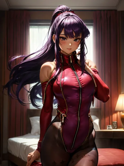 highest quality、All limbs、full finger、((one beautiful woman、solo))、Komi Shouko、 ((Woman with purple hair))、long hair、ponytail、big breasted woman、(((Red high neck leotard with zipper:1.4)))、((No sleeve))、bare hands、big smile、(((brown pantyhose)))、hands on h...