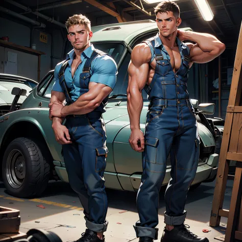 masterpiece , 8k , best quality ,very  very detailed face , natural eyes, 1man, young man, boy, muscled and mature, stephen amell as a mechanic wearing totally unbuttoned overall, showing his muscles , mechanic tools , sweating, tight cloth, , full body vi...