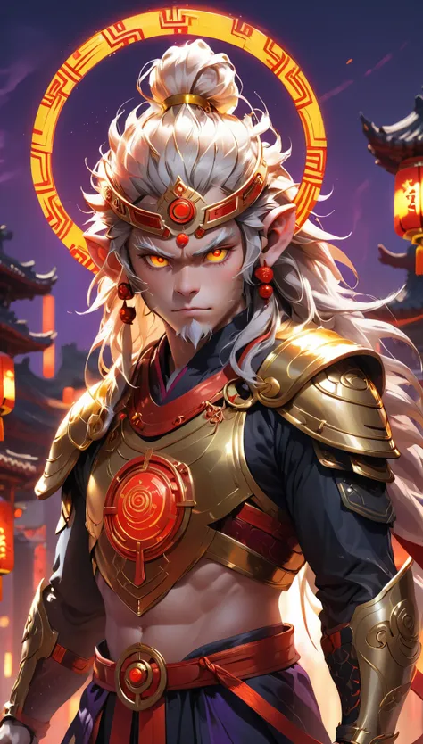 Armored Male Hero with Asymmetrical Windbreaker
Red Energy Accents Throughout the Armor
Golden Ring Headgear, Minimalist Design, Inspired by Monkey Kings Crown
Helmet with Glowing Visor, Traditional Chinese Patterns
Flowing White Hair with Dynamic Movement...