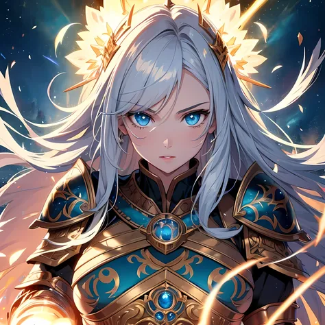 Anime-style female warrior, wearing a highly detailed, intricate armor made of silver and gold, decorated with delicate engravings and glowing blue runes, dragon motifs embedded in the armor, dynamic pose, holding a large enchanted sword with glowing runes...