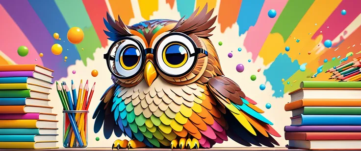 a colorful animated owl with glasses, with a colloid background of pencils and cartoon style books