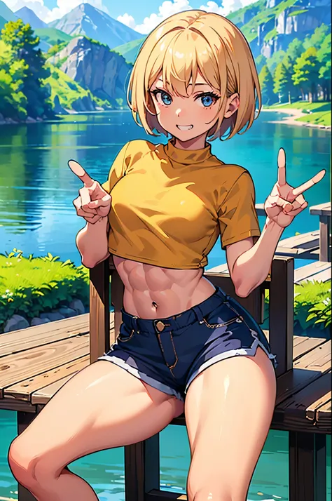 masterpiece, best quality, very detailed body, ultra detailed, ultra high resolution, very detailed face, (1woman), (((croptop shirt))), ((short pants)), ((thighs)), ((golden short hair)), (six pack abs:1.14), (((v sign by right finger))), (little smile), ...