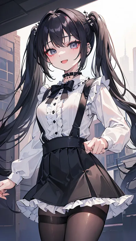 ((masterpiece、Best Quality、Very detailed))、One Girl、Black Hair、twintails、Grey Eyes、evil smile、((open mouth))、((lots of piercing))、Small breasts、((White frilled collar shirt))、Black choker、((Black suspender skirt))、((miniskirt))、fishnet pantyhose、Cowboy Sho...