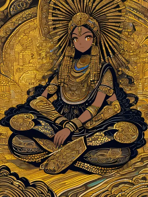 fullbody,(indian style),Beautiful black woman with golden eyes、Bio art style, Raw metallurgy, Black and White Mastery, Gold African Influence, solid color, close, woman,  Stock photo,landscape, Cinematic Lighting、(manga style),(sketch),(illustration),