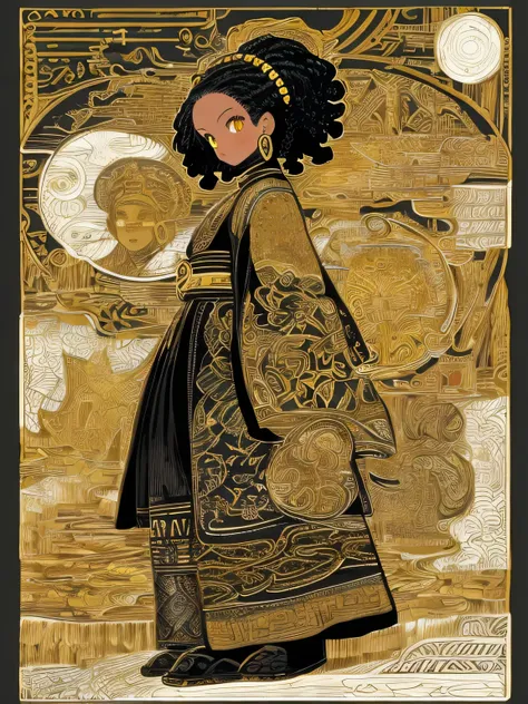 sideview,fullbody,(looking at viewer:1.3),Beautiful black woman with golden eyes、Bio art style, Raw metallurgy, Black and White Mastery, Gold African Influence, solid color, close, woman,  Stock photo,landscape, Cinematic Lighting、(manga style),(sketch),(i...