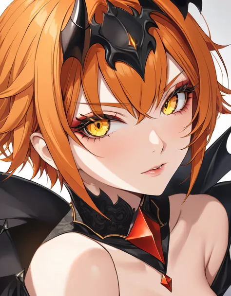 A mature woman with a sharp style, Short orange hair and yellow eyes、Face close-up、Revealing devilish clothing、Devil&#39;s Wings、Urban Neon Background、Fearless smile、Glare