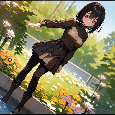 (high quality, High resolution, Very detailed, reality:1.37), Peaceful atmosphere, (Outdoor, garden), Teenage girl standing alone, (My breasts are large.), Beautiful details, Cute Smile, (Black bob hair), Ribbed sweater,Brown skirt, Black tights, Brown boo...