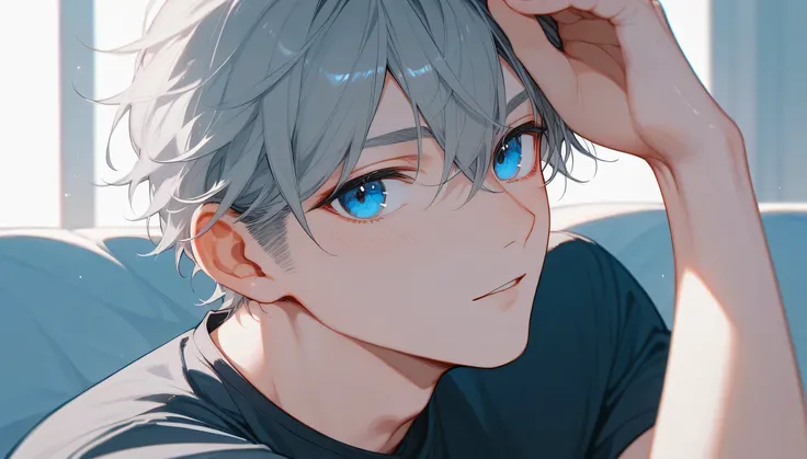 Gray-haired man、Pin your bangs to the side、Beautiful blue eyes、[[Cool face、Polo shirt