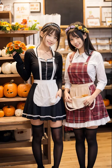 Working at a Halloween flower shop、Two girls wearing aprons and miniskirts（20 years old）