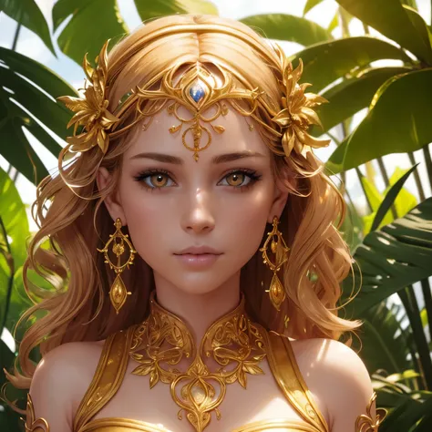 a beautiful girl in a golden thong, detailed face and eyes, long eyelashes, detailed lips, photorealistic, cinematic lighting, 8k, highres, masterpiece, ultra-detailed, realistic, vivid colors, intricate details, porcelain skin, wavy hair, detailed jewelry...