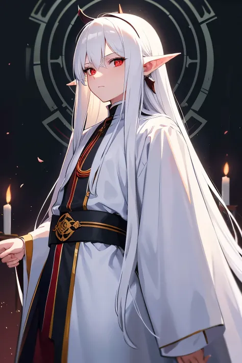 White long hair, High resolution, Long pointed ears,  Character portrait, Robe,Fantasy,Clergy,Masculine features,Red eyes,Beautiful appearance,