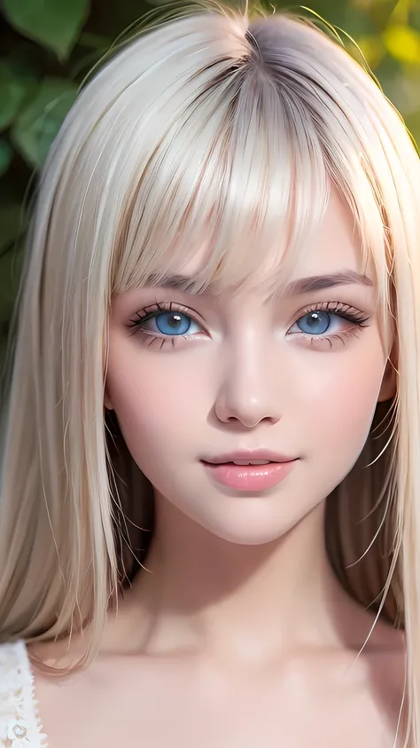 Original photo、(((Extreme beauty portrait)))、((Glowing, incredibly white, beautiful young skin))、1 girl、Cute beautiful baby faced  girl from Prague、((Shiny bright metallic platinum blonde hair))、Super long straight silky hair、Hair hanging down in front of ...