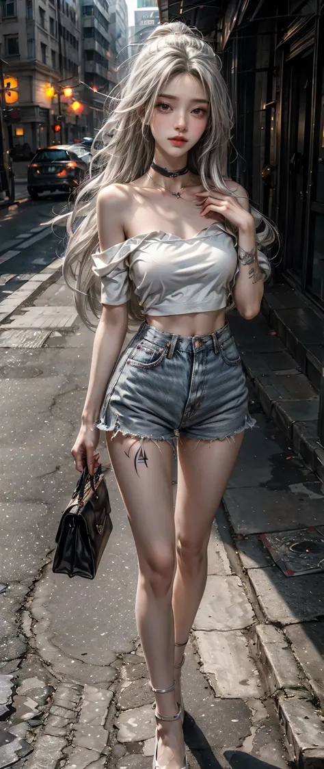 Full-body shot, urban Beautiful Girl College Student，tmasterpiece，Light makeup，Redlip，Silvery hair，Messy long hair，streets background，gracefulness，Elegance。ultra fine detailed，Works of masters，Authentic texture，Cinematic lighting realism，perfect works，8K，k...