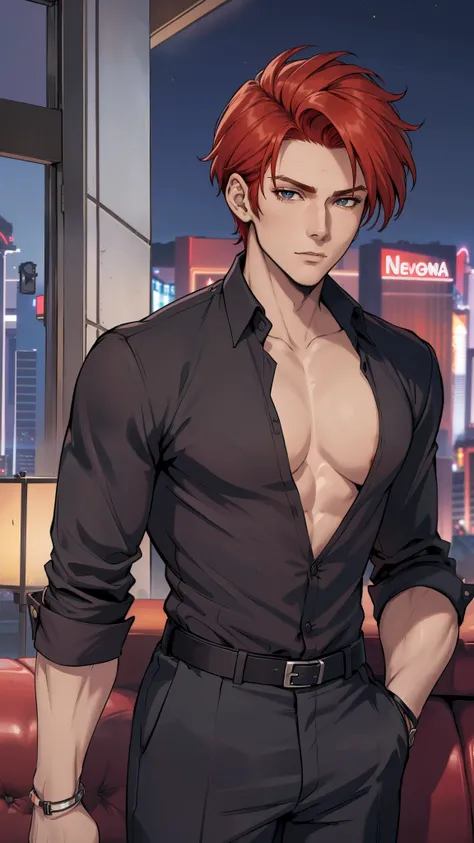 Toya, red hair, 1man, handsome man, mature man, (((penthouse, Las Vegas))), black shirt, cool fashion, (((elegant man))), (((from front, night, midnight))) close up, romantic date, no beard