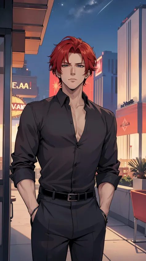 Toya, red hair, 1man, handsome man, mature man, (((penthouse, Las Vegas))), black shirt, cool fashion, (((elegant man))), (((from front, night, midnight))) close up, romantic date, no beard