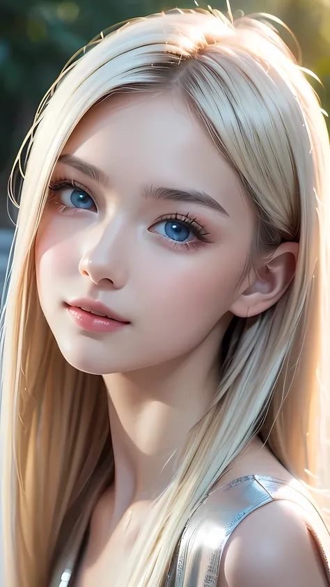 Very white girl、Original photo、(((Extreme beauty portrait)))、((Glowing, incredibly white, beautiful young skin))、1 girl、Cute beautiful baby faced girl from Prague、((Shiny bright metallic platinum blonde hair))、Super long straight silky hair、Hair hanging d...