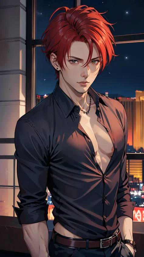 Toya, red hair, 1man, handsome man, mature man, (((penthouse, Las Vegas))), black shirt, cool fashion, (((elegant man))), (((from front, night, midnight))) close up, romantic date, no beard