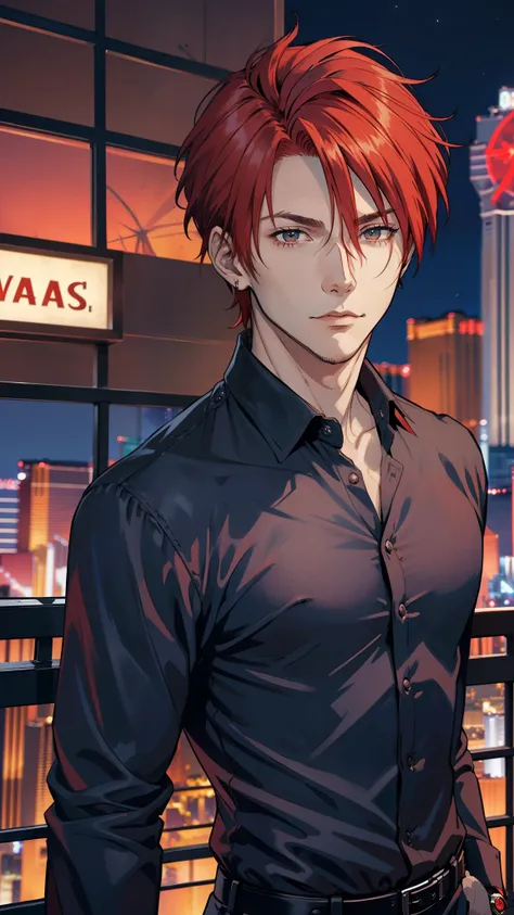 Toya, red hair, 1man, handsome man, mature man, (((penthouse, Las Vegas))), black shirt, cool fashion, (((elegant man))), (((from front, night, midnight))) close up, romantic date, no beard