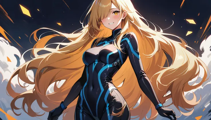 1 girl, alone, blonde hair, long hair, yellow eyes, hair covering one eye, looking at the audience, very long hair, bodysuit, smiling, blush, breast
