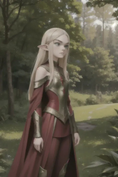 Elle Fanning in red metallic medieval armor, visible from the torso up, with a lush and vibrant green forest in the background. She has elven ears and is glancing sideways at the camera with a mix of insecurity and anger in her expression, Anime realistic ...