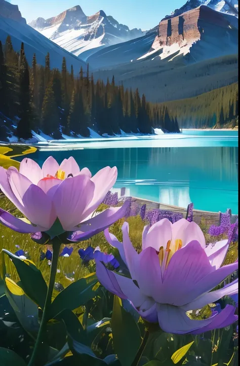 purple flowers in the foreground of a mountain lake and a mountain range, banff national park, stunning nature in background, nature in all its beauty, beautiful nature, incredibly beautiful, really beautiful nature, lakeside mountains, by Alexander Johnst...