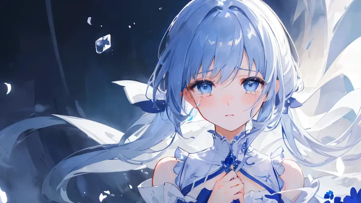 8K HD Draw a high-quality illustration of a beautiful girl crying, a girl，blue eyes ，Tie a pair of ponytails。Full of ethereal and delicate aesthetics. Capturing the essence of her tears and emotions in a dreamlike setting, Reality and imagination blend sea...