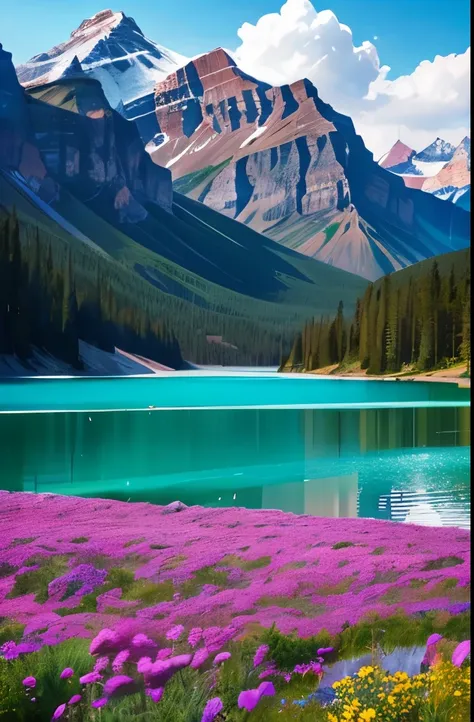 purple flowers in the foreground of a mountain lake and a mountain range, a photo by Alexander Johnston, flickr, visual art, banff national park, stunning nature in background, nature in all its beauty, beautiful nature, incredibly beautiful, really beauti...