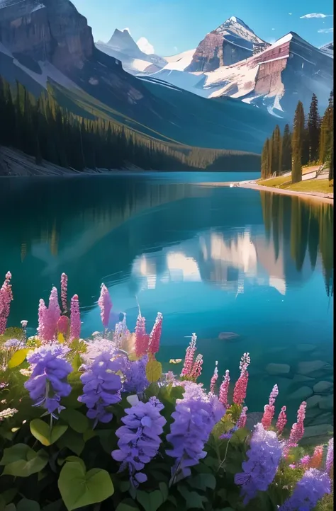 purple flowers in the foreground of a mountain lake and a mountain range, a photo by Alexander Johnston, flickr, visual art, banff national park, stunning nature in background, nature in all its beauty, beautiful nature, incredibly beautiful, really beauti...