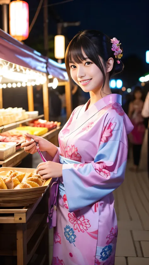 Style your hair、Very beautiful Japanese women。She is wearing a pink long-sleeved yukata..、She has striking bluish-black eyes and a bright smile.、I have a good posture。Background、A nighttime summer festival venue with many food stalls lined up.。The image st...