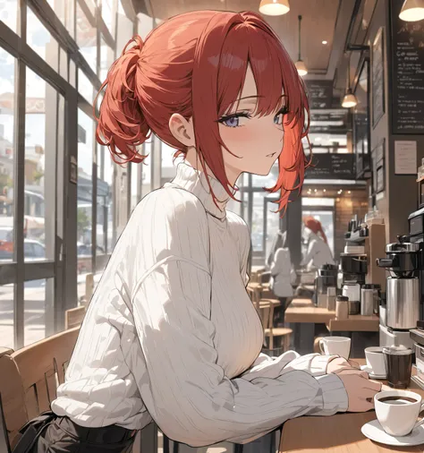 (masterpiece, best quality), solo woman, red bob hair, white turtleneck sweater, in cafe, waiting coffee, front view