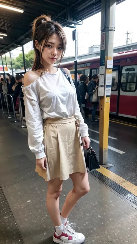 A crowded Tokyo station platform、Woman commuting to work、((whole body:1.5))、(Realistic、As shown in the picture、live-action、8k, Realistic, RAW Photos, Best image quality: 1.4), SLR camera、RAW Photos, Please redeem, Realistic, Very detailed CG Unity 8k wallp...