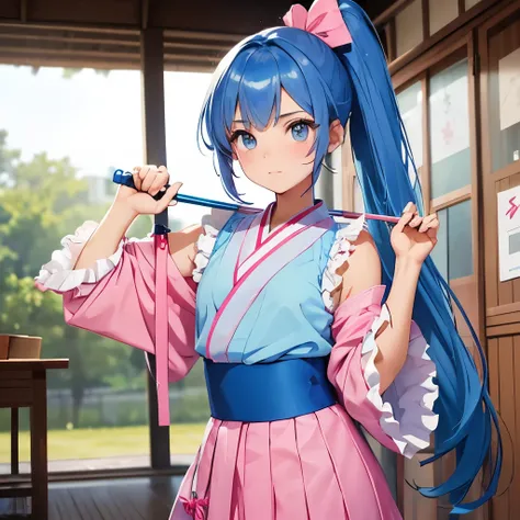 a petite teenage fem boy  with blue hair in a ponytail, blue eyes, wearing cute feminine a full pink hakama , silky archery uniform with light pink very frilly Halter-Neck feminine blouse and a short pink feminine frilly skirt, revealing and bold pose, ful...