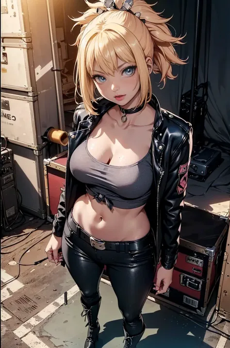 ((1woman, (solo, 1girl, alone), kohaku, blonde hair, blue eyes, tied hair)), smug, ((solo, (1woman, pink lipstick), Extremely detailed, ambient soft lighting, 4k, perfect eyes, a perfect face, perfect lighting, a 1girl)), austere, ((Girl in Pluguit rear fa...