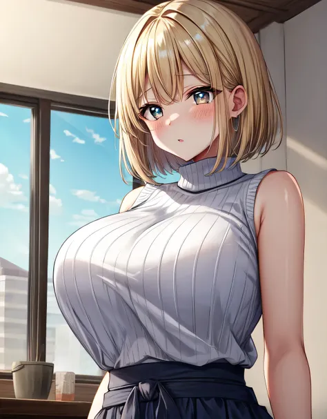 bangs,blonde hair,Fluffy Bob Cut,medium hair,ribbed sweater,sleeveless,skirt,lips,blush,indoor room,(large breasts:1.55),(shiny hair),((solo)),((masterpiece)),((best quality)),perfect anatomy,slim waist,perfect image,8k UHD,(beautiful detailed eyes:1.5),ex...