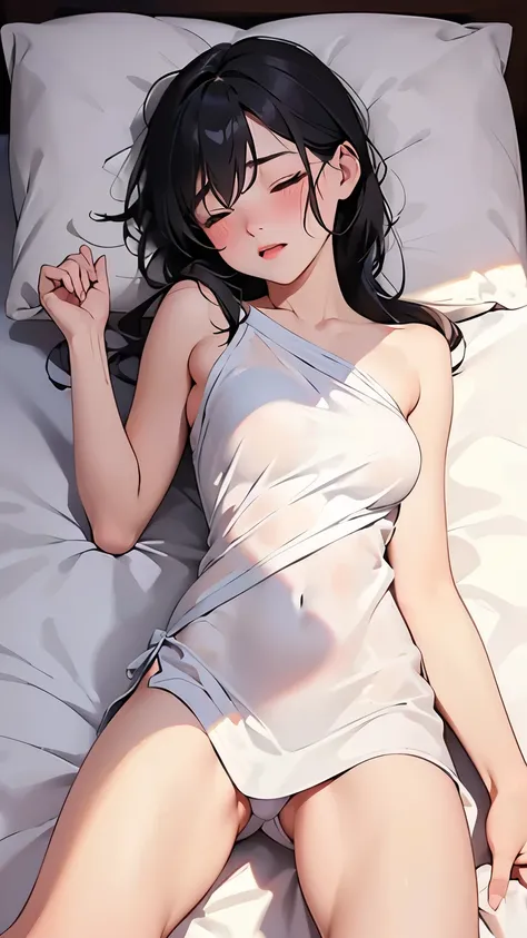 1女高中生Lying on your side in bed，Show your shoulders，Close your eyes，blush，Open your mouth slightly，Cover with a towel，Lying on your side in bed，Sweat all over，Curved body，barefoot，Full body portrait