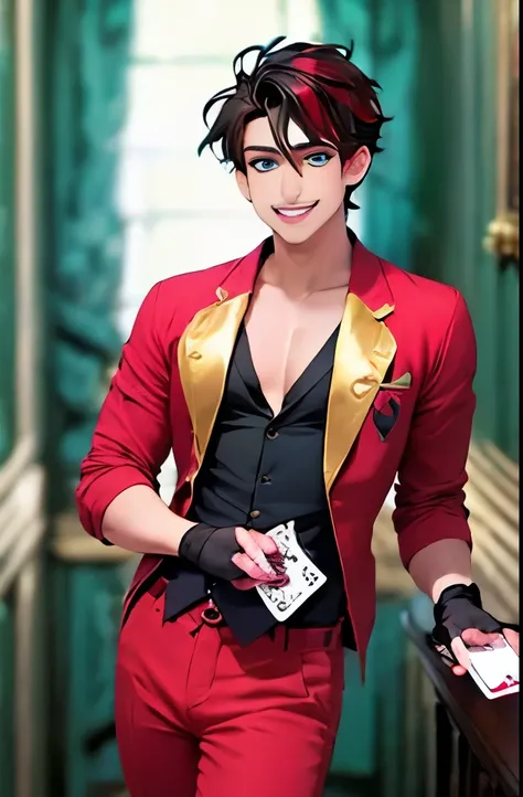 Imagem do filho da Maddie Hatter e da Lizzie Hearts de Ever After High: A handsome and sexy teenage boy, with black hair with red highlights, pale peach skin, blue colored eyes, red heart on eye as makeup, red outfit with black and gold details with elemen...