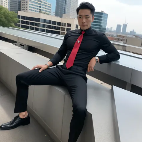 40-year-old father,One Man、Black Shirt、Red Tie、Black slim pants、rooftop、bend、Businessman Chairman,Muscular、、Very short perm、Asian Face　Stubble、Gay、The crotch area of my pants is bulging　View from below　