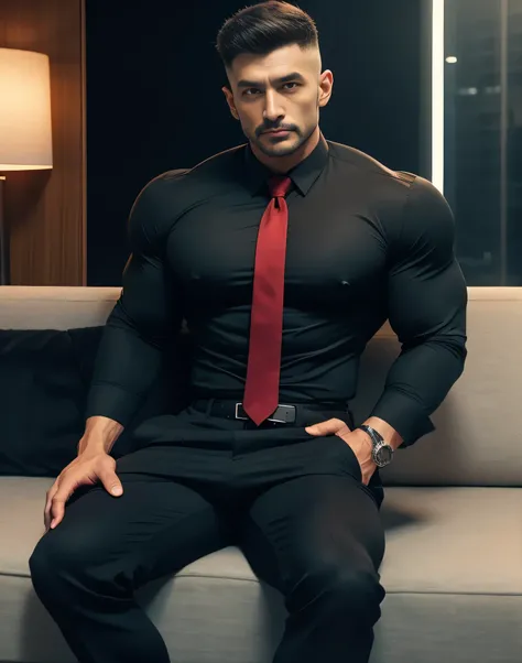 60 year old father,One Man、Black Shirt、Red tie、black slim pants、Sit on the sofa、Businessman chairman,Muscular、Buzz cut、Very short perm、Asian Face　Stubble、The crotch area of your trousers is bulging