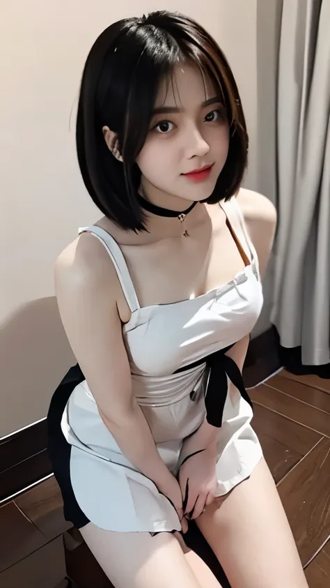 multi-low angle、apron、maid dress、black maid outfit、maid、from below、realism、soft erotic、close range、fingertip、she touches her lip...