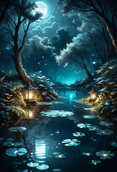 Pond at night:1.5, ((Full Shot:1.4)), ((A beautiful pond on a pitch black night:1.5)), ((Fireflies flying around the pond、Lighting the pond, Shining in the moonlight, Catching Fireflies:1.5)), ((Super detailed:1.5)), The light of the fireflies is reflected...