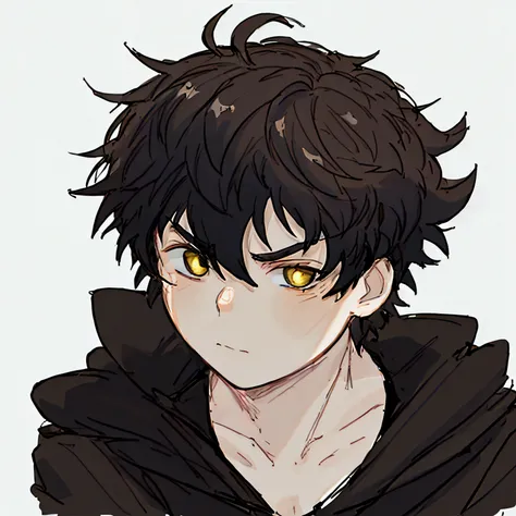 Create a close-up sketch art of an anime-style male character with curly black hair. The character should have a serious, confident expression, with detailed, lively curls framing his face. His eyes should be a vibrant golden yellow (#FFDF00), matching sma...