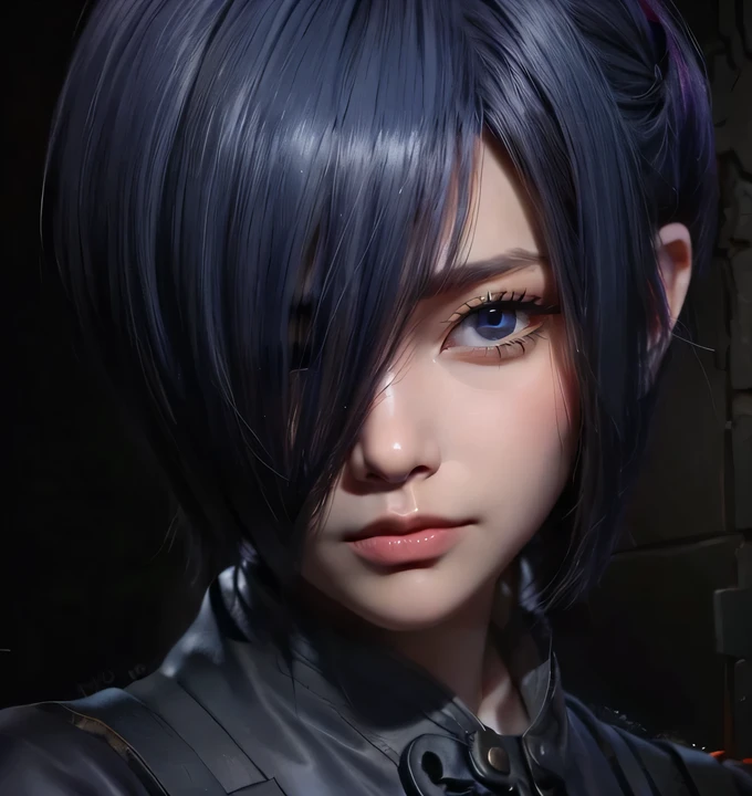 Touka Kirishima, Tokyo Ghoul, Red eyes, The whites of the eyes are black, blue-violet hair, beautiful and calm facial features, short hair covering the left side of her face, red eyes, colored sclera, black sclera, wings, red wings  ghoul wings, kagune ، B...