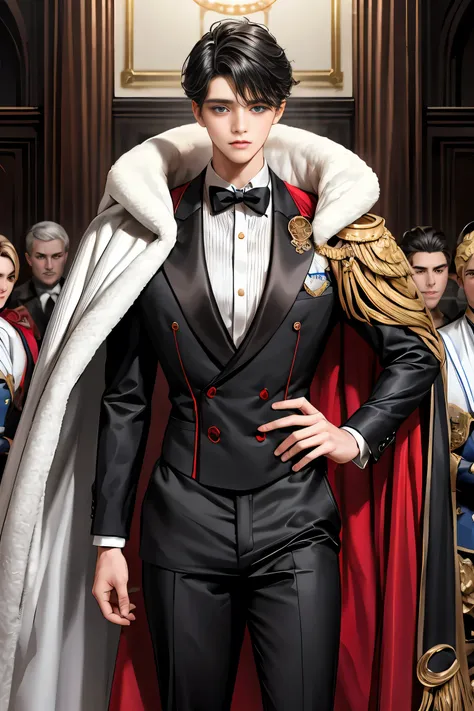 masterpiece, 最High quality, High quality, 1 boy, alone, Male Focus, View Audience, Messy black hair, ดวงตาสีน้ำเงินขนาดbigอันcute, white, The noble, The noble,sexy, lots, Puffy coat、Tuxedo、A very lots, big, very big, very big, long, long red and black ca...