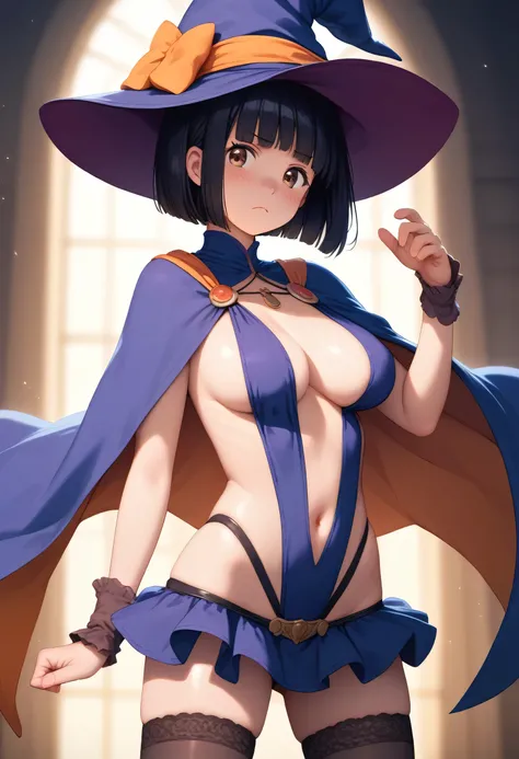 score_9,score_8_up,score_7_up,masterpiece,highest quality, source_anime, realistic, super detailed, extreme detailed, rating_explicit, 
1girl, witch, standing, dynamic pose, cowboy shot, 
BREAK girl, 22yo, short hair, (bob cut:1.2), ear, (blunt bangs), bla...