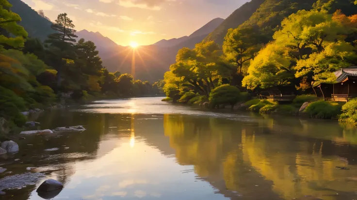 High definition, Realistic, Japan in the Edo Period, Mountains and Rivers, A large peach floating on the river, Dazzling morning sun, Magnificent Nature, clear々Beautiful scenery