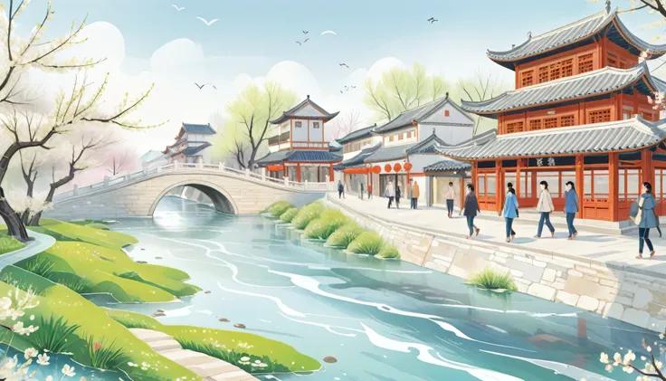 beijing，pedestrian street，creek water，beautiful views，spring，mainly line illustrations，simplicity