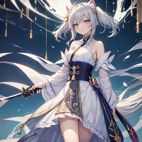 Close-up of a person with a sword and a dress, keqing from Genshin Impact impact, White fox, White cat girl, Genshin Impact impact character, Genshin Impact, ayaka Genshin Impact impact, Gwaiz, Gray-haired deity, zhongli from Genshin Impact impact, Gray-ha...