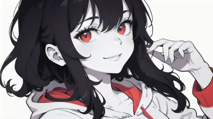 ((((ultra illustrated style:1.0)))),best quality, best animated, masterpiece, monochrome, 1girl, solo, long wavy hair, smirk, hoodie, white background, looking at viewer, front view, from front, from head to toe, close up, simple background, red theme, por...